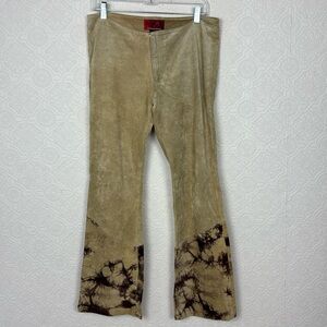Vintage Johnny Blaze Flame 100% Suede Leather Flare Pants Tan Fitted 90s Y2K